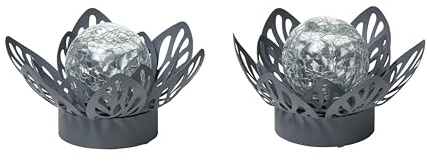 Northpoint LED Lotus Wasserlilie Timer Metall Glaskugel Stanzmuster Solar Batterie Garten Außenbereich Teichbeleuchtung (Batterie 2er-Set grau mit Muster)