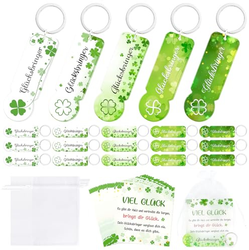 Epaing 20 Stück Acryl Einkaufswagenchip Schlüsselanhänger Set, Glücksbringer Vierblättriges Kleeblatt Acryl Einkaufschip Kleine Geschenke, Abschiedsgeschenk Kollegen Schüler Gastgeschenke Geburtstag