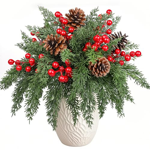 Larber 80 Pezzi Rami di Pino con Bacche Rosse con Pigne di Natale Decorativi Set per Alberi di Natale, Ghirlande, Centrotavola e Composizioni Floreali in Vaso Decorazioni