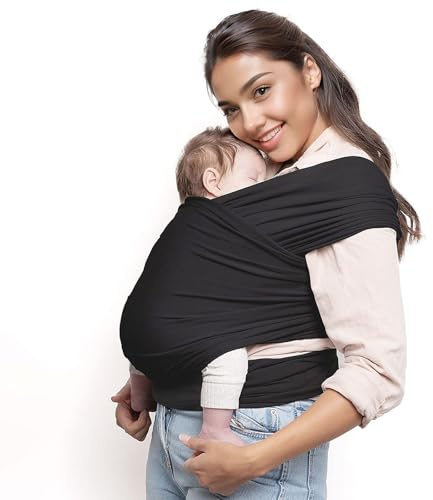 KOOMUAO Tragetuch Baby neugeboren bis 15 kg,Elastisches Baby Tragetuch,weicher Baumwolle - Babytrage,Wickeltuch Baby mit 5 m Länge,Leicht&Atmungsaktiv Babytragetuch,Einfach zu Binden (Schwarz)