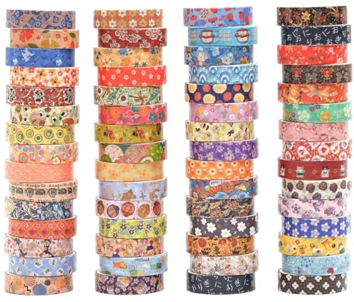 Songdao 60 Rollen Dünnes Washi Tape Set, beschreibbares Dekoratives Masking Tape Bastelklebeband für Bullet Journal, Scrapbooking, Geschenkverpackung & DIY Basteln