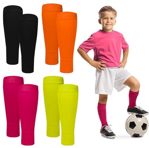 Atmungsaktiv Schienbeinschoner Socken, 4 Paare Saugfähig Fußball Sleeve | Fluoreszenz Farbe Stutzen Kinder Fußball, Stutzen Ohne Socken, Unisex Fußball Schienbeinschoner Halter für Jungen Mädchen