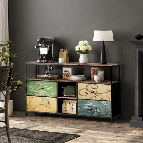 Meuble TV avec lumières LED,137 x 30 x 78 cm, meuble TV industriel avec 4 tiroirs,Petit Meuble Tele avec Rangement Commode en Tissu pour Le Salon Chambre à Coucher Entrée (Multicolore, 137x30x78cm)