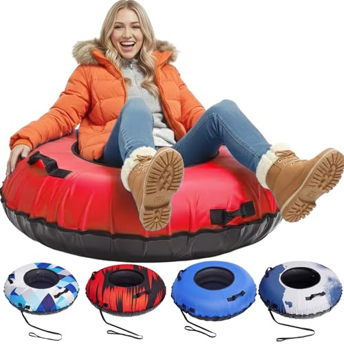 ZEALFEEL Snow Tube, 45'' Rubber Snow Tubes with Commercial Grade Canvas Cover for Kids & Adults, Inflatable Heavy Duty Snow Sled Thickened Hard Bottom with Tow Strap, Sleds Winter Gifts