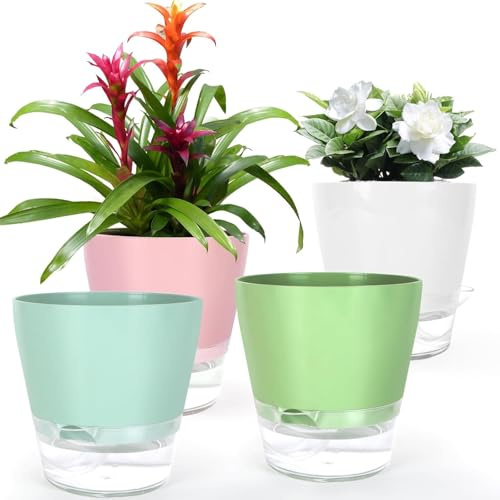 KAHEIGN 4 Piezas Macetas Autorriego para Plantas, 15CM Maceta de Plástico para Flores con Orificio de Drenaje y Depósito de Gran Capacidad - Macetas para Aloe Hierbas Orquídeas Suculentas (4 Colores)