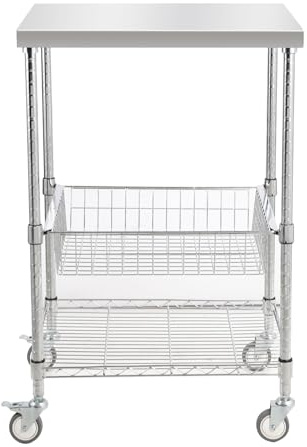 Carrello da cucina a 3 ripiani in acciaio inox, con cestino portaoggetti da tavolo da 61 cm e ruote con freno, finitura cromata, per sala da pranzo e uso commerciale