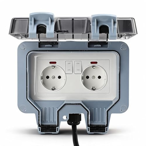 Bewinner Außensteckdose, Regensichere IP66-Wandsteckdose mit Unabhängigem Schalter und Kontrollleuchte, Inklusive 10 M Kabel (10m)