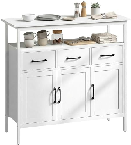 HOMCOM Sideboard Kommode mit 3 Schubladen 3 Türen Modern Weiß 95x35x88m | Küchenschrank, Verstellbare Regale, Offenes Regal, Aufbewahrungsschrank, Wohnzimmer, Esszimmer