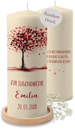 Kerze - Zur Jugendweihe rot Lebensbaum Name Datum - personalisierte Geschenke Mädchen - 230/78 mm - Elfenbein
