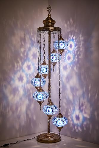 DEMMEX - 7 Globe türkische Mosaik-Stehlampe, Tiffany-Stil, marokkanische Stehleuchte für Wohnzimmer, Schlafzimmer, Büro, 1,5 m hoch, handgefertigt in der Türkei, Blau