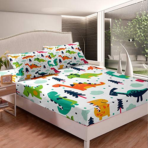 Completo lenzuola dinosauro cartone animato con lenzuolo con angoli, animali della giungla e animali selvatici, decorazione della stanza 3 pezzi per letto matrimoniale