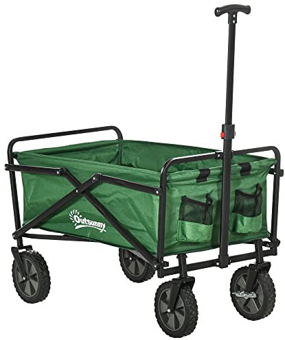 Outsunny Carro Plegable Carretilla de Transporte con Mango Ajustable Rueda Universal Freno para Playa Jardín Camping Marco Acero Carga 40 kg 83x50x69-99 cm