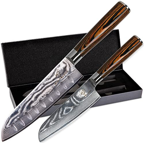 Wolfblood 2er Damastmesser-Set (30cm und 24cm) Profi Santoku Damast-Küchenmesser aus echtem 67 Lagen Damaststahl I Santoku-Damastmesser Set mit Holzgriff Geschenkbox & Klingenschutz