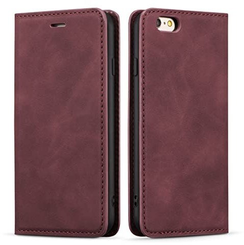QLTYPRI Hülle für iPhone 6 Plus/6S Plus 5,5 Zoll,Premium Lederhülle,Weinrot | Retro PU Leder Klapphülle, Handyhülle mit 3 Kartenfächer, Standfunktion, Weicher Dünne TPU-Rahmen, Stoßfeste Flip Wallet Case