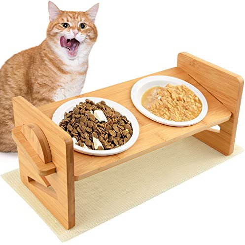 Ciotole per Gatti Rialzate in Ceramica Con Pad Antiscivolo, Supporto in Legno Regolabile in Quattro Altezze, Adatto a Piccoli Cani e Gatti