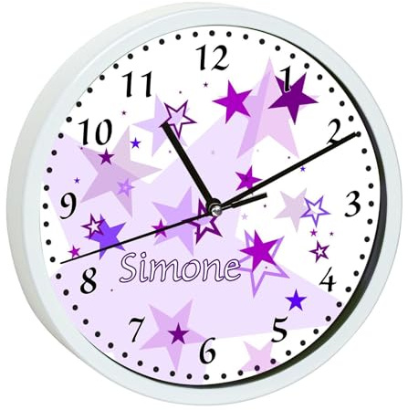 CreaDesign, Wanduhr Kinder personalisiert mit Name, Motiv Sterne lila, Rahmen Wanduhr weiß, Ø 19,5 cm