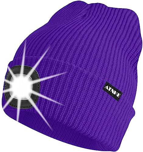 ATNKE Unisex LED Mütze mit Licht,Wiederaufladbare USB 4 LED Beleuchtete Laufmütze Extrem Heller Lampe Winter Warme Stricken Mütze für Herren und Damen Geschenke/Purple