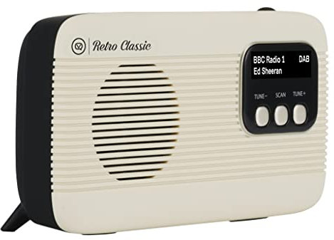 VQ Retro Classic DAB/DAB+ Digital & FM Radio – Bluetooth 5.0 & Headphones, Auto Scan Radio, Full-Range Single Speaker, Built-In Rechargeable Battery, 12-hrs Playback, Micro USB Mains Powered - (Cream)