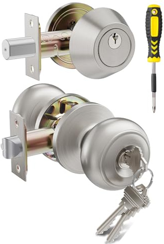1 Set All Keyed Same Entry Door Knobs and Single Cylinder Deadbolt Combo Set for Entrance and Front Door, Keyed Alike Exterior Door Lock Set with Keys, Satin Nickel Deadbolt Lock and Door Knob Set