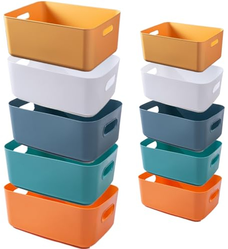 10 Stück Kunststoff Aufbewahrungsboxen,Mehrere Farben Organisation Aufbewahrungskörbe für Küche,Schrank,Büro,Bad,Spielzeug,Home Tidy Open Storage Bins mit Griffen (5pcs 24x17.5x9.5cm + 5pcs 20x14x7cm)