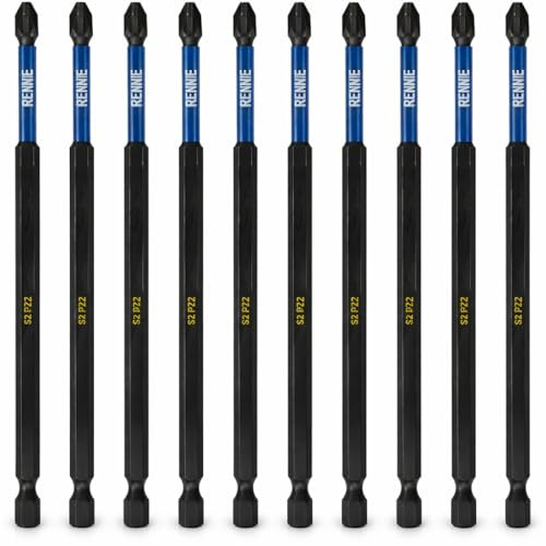 10 x Rennie Tools 150mm Long PZ2 Impact Screwdriver Driver Bits Set | Heavy Duty PoziDriv POZI No.2 Magnetic Screwdriver Bit Set. PZ2 Impact Driver Bits Pozidrive Screw Accessories. Oxide Coated