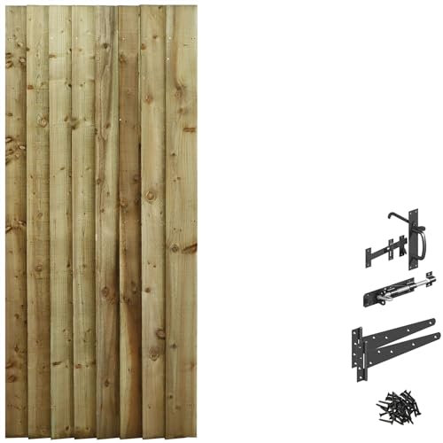 Made to Measure 6ft Wooden Garden Gate, Suffolk Latch Fixing Kit, Custom Feather Edge Semi-Braced Flat Top Treated Timber Door for Outdoor Pathway Home Access, MAX 180cm High x MAX 75cm Wide