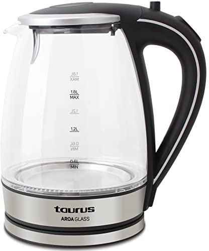 Taurus Aroa Glass - Kettle. Hervidora de agua. 2200W. 1,8L de capacidad. Cuerpo de cristal. Resistencia oculta. Filtro en la tapa. Acero inoxidable. Giro de 360º. Iluminación led en la base. Negro