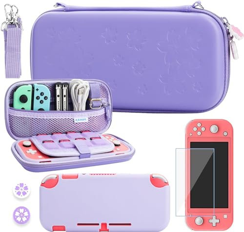 RHOTALL Cherry Blossom Tragetasche für Nintendo Switch Lite, Lila Tragbare Aufbewahrungstasche für Switch-Zubehör mit Schutzhülle, Displayschutzfolie, Verstellbarem Schultergurt und 2 Daumenkappen