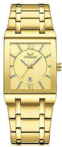 JewelryWe Uhren Herren Edelstahl Quadrat - Gold Quadratische Römische Ziffern Zifferblatt 30m wasserdichte Kalender Analog Quarz Armbanduhr mit Gold Edelstahl Armband Geschäfts Lässige Uhr für Männer