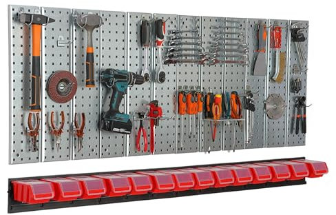 Werkzeugwand Metall 156x72 cm Lagersystem mit Werkzeughaltern Werkzeughaken und 14 Stapelboxen 100 x 150 x 70 mm Farbe: rot Lochbrett Werkstatt Garage Steckbrett Elektrowerkzeuge Lochwand