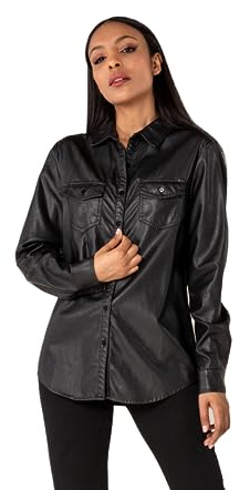 Nina Carter 8439 Camicia da donna effetto pelle con maniche lunghe scollo a V e abbottonatura in ecopelle, Nero (8439), XXL