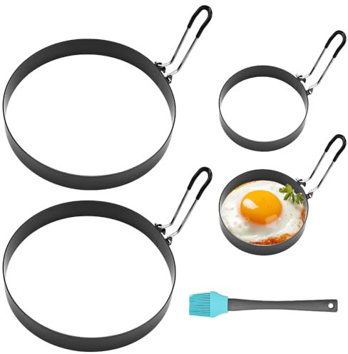 CAREDGO 4 Pezzi Stampo per Uova in Acciaio Inox Stampo per Pancake Grande Formine per Uova al Tegamino Formine per Pancake Antiaderente con 1 Pennello ad Olio per Cucinare Uova Fritte Muffin (9cm/5cm)