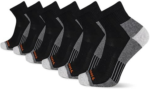 Merrell Recycled Cushion Quarter Sock 6 Pair Pack, Black, Small
