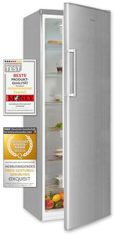 Exquisit KS350-V-H-040D Vollraumkühlschrank in Inoxlook - 331 Liter | Großer Kühlschrank mit 331 L Nutzinhalt, 6 Glasablagen, Temperaturregelung und wechselbarem Türanschlag in Inox-Optik