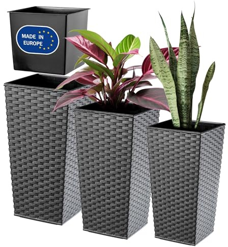KADAX 3er Set Pflanzkübel mit Innentopf 46,5/57,5/68 cm Höhe, Grafit Rattan – wetterfeste & robuste Blumenkübel aus Kunststoff, Blumentöpfe für Innen- & Außenbereich