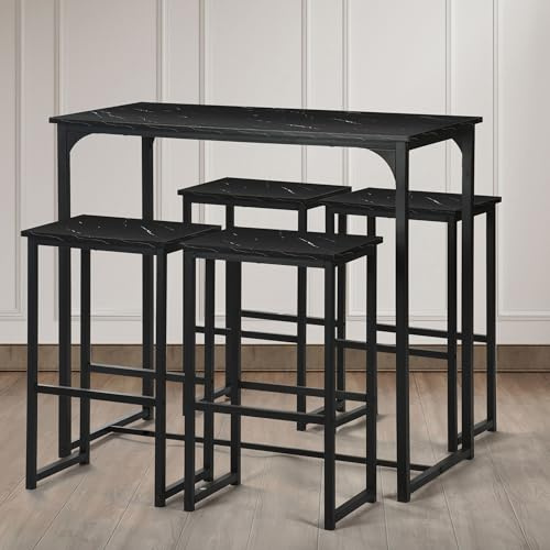 Liink1Ga Bistrobord med 4 stolar, bistroset, barbord med barstolsset, matbord med 4 stolar, litet köksbord, matmöbler, matbord, pall för 4, konstgjord marmor i svart