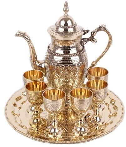 AXIKALB Set di bicchieri da vino in ottone puro, bronzo indiano, vaso di rame antico con vassoio