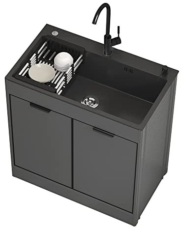 Lavello da Cucina Nero da appoggio a Vasca Singola Lavello da Cucina per Ristorante Commerciale Vanità da Bagno con lavandino Combinato Set di armadietti a Parete Lavabo con Doppi Ripiani PE