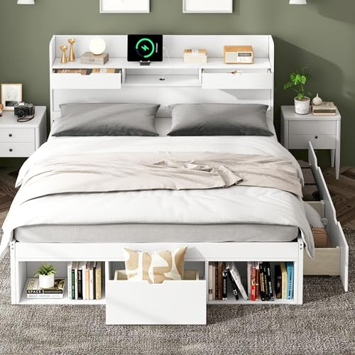 Sapgaks Lit Capitonné 140x200 avec USB, 3 Tiroirs et Meuble de Rangement 2 en 1, Lit Double 140x200 avec Tête, 2 Personnes avec Rangement sur Le, Blanc (sans Matelas)