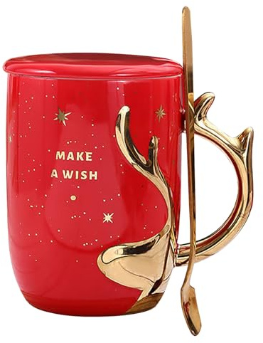 MIGIFTDY Tazza da Caffè Natalizia Con Cucchiaio, Elegante Con Coperchio, 400 ml, per Feste di Natale (Rosso)