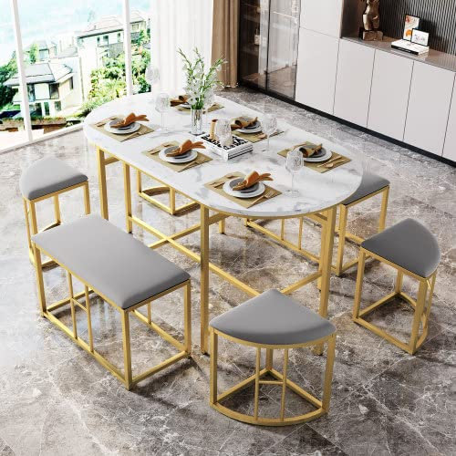 Set da Pranzo Moderno Ed Elegante con Un Tavolo, Quattro Sgabelli Piccoli E Due Sgabelli Grandi, Perfetto per La Sala da Pranzo in Cucina E per Piccoli Spazi(Color:Oro)