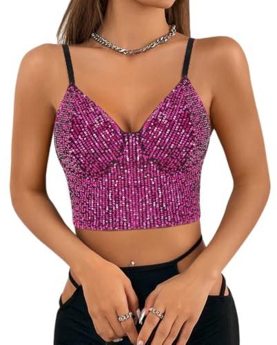 Segreto Women's Glitter Sequin Tank Top Sleeveless Spaghetti Straps Sexy Crop Top Strap Vest Festival Party Club Camisole, XL