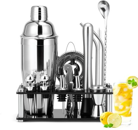 Cinnani Shaker Cocktail Set Professionale con Supporto,15 pezzi cocktail set kit in Acciaio Inox,Kit Cocktail 750ml,professionale barman set,Cocktail Shaker Set