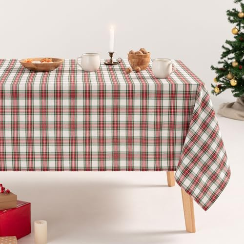 GAMUSI Tischdecke, rechteckig, Weihnachten, kariert, Rot und Weiß, Goldgarn, Esstisch, Weihnachtsdekoration, 140 x 240 cm, Rot und Weiß