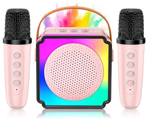 Anykuu Karaoke Infantil con 2 Micrófonos con Altavoz Bluetooth Portátil con Luces LED y 5 Efectos de Sonido Mágicos, Juguete Musical para Niños y Niñas 3-12 Años, Regalo Ideal