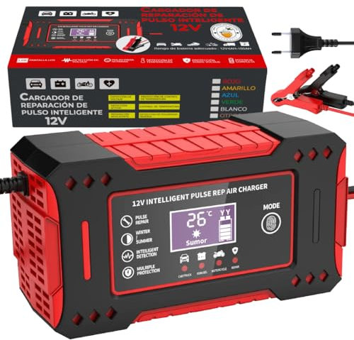 SweetSolutions© Cargador Baterias Coche 12V6A | Cargador De Batería Coche con Función Inteligente | Reparación Automática | Pantalla LCD | Automóviles Moto Camión AGM Gel SLA