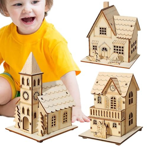 Set di 3 decorazioni in legno a forma di casetta di villaggio, con luci a LED, decorazione natalizia per casa, soggiorno, ingresso