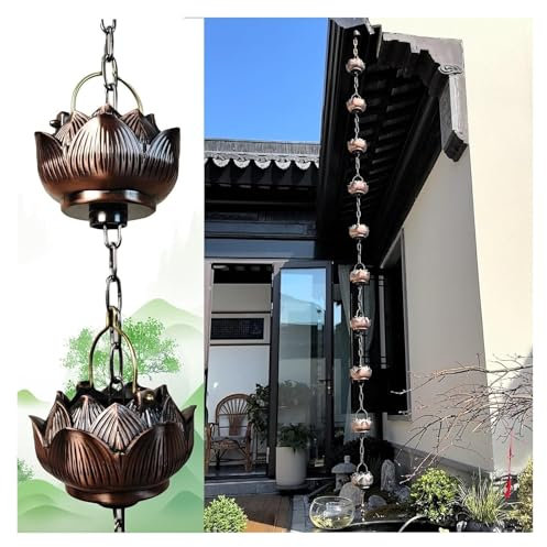 ENSDIEPLS Rain Catcher Chain 1m Decorative Rain Gutter Chains Kit, Vintage Rain Catcher Chain with Lotus Flower Cups, Bronze Color Rain Bells Replacement Downspout