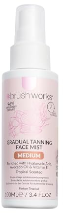 Brushworks Gradual Tanning Face Mist Medium 100ml – Hydrating Self Tan Spray with Hyaluronic Acid, Avocado Oil & Vitamin E, Tropical Scented Vegan Formula
