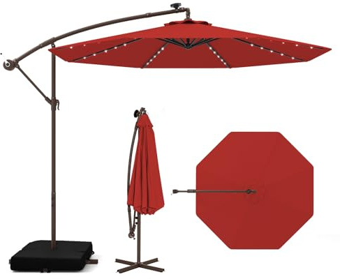 COSTWAY Ombrellone da Giardino 300 cm con 40 Luci LED Solari (Rosso) | Ombrellone Parasole Anti-UV con Inclinazione Regolabile, Manovella, 2 Sacchi di Sabbia e 8 Stecche per Patio Piscina